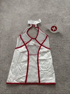 White & Red Nurse Halter Mini Dress with Hat